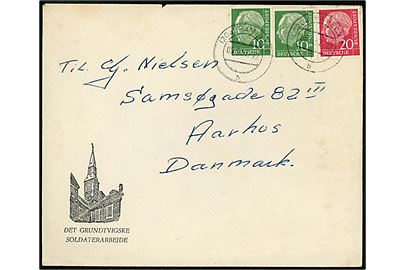 Tysk 10 pfg. (2) og 20 pfg. Heuss på soldaterhjem kuvert fra dansk soldat i Ingeniør kommando / Det Danske Kommando i Tyskland under manøvre og annulleret med tysk stempel i Hameln d. 5.9.1957 til Aarhus, Danmark.