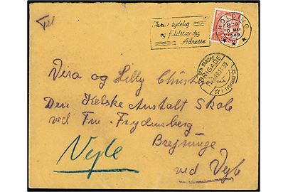 20 øre Fr. IX på brev fra Kolding d. 10.3.1949 til den Kellerske Anstalts Skole i Brejninge pr. Vejle. Fejlsendt med stempel: Den danske Brigade / 1 / * i Tyskland * d. 11.3.1949 - stempel benyttet ved brigadepostkontoret i Jever.