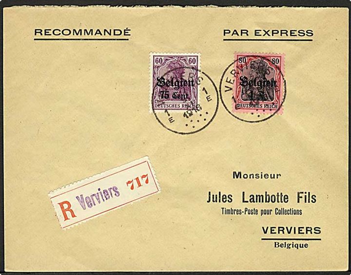Tysk post i Belgien. 75 c./60 pfg. og 1 fr./80 pfg. Belgien provisorier på anbefalet lokalt ekspresbrev i Verviers d. 9.11.1918.