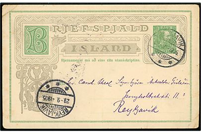 5 aur Chr. IX helsagsbrevkort dateret i Fáskrúðsfjörður d. 23.9.1905 til Reykjavik. Annulleret ved ankomsten i Reykjavik d. 29.9.1905.