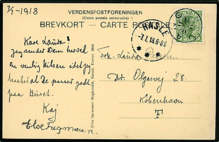 5 øre Chr. X på brevkort (Aaremyre, Almindingen) annulleret med stjernestempel VANG og sidestemplet Hasle d. 7.7.1918 til København.