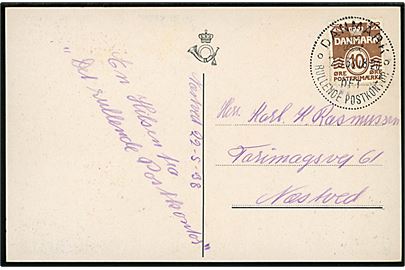 10 øre Bølgelinie på brevkort annulleret med særstempel Danmark * Det rullende Postkontor * d. 22.5.1938 til Næstved. Det rullende postkontor var opstillet i Næstved i dagene 21.-22.5.1938 i forbindelse med havneindvielse og folkefest.