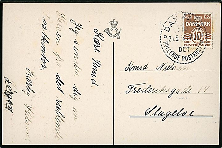10 øre Bølgelinie på brevkort annulleret med særstempel Danmark * Det rullende Postkontor * d. 21.5.1938 til Slagelse. Det rullende postkontor var opstillet i Næstved i dagene 21.-22.5.1938 i forbindelse med havneindvielse og folkefest.