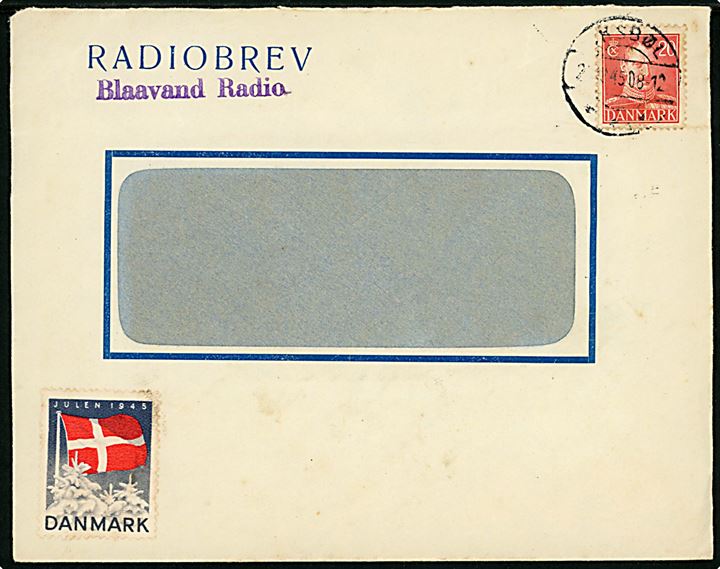 20 øre Chr. X og Julemærke 1945 på fortrykt Radiobrev rudekuvert fra Blaavand Radio annulleret i Oksbøl d. 2?.12.1945.