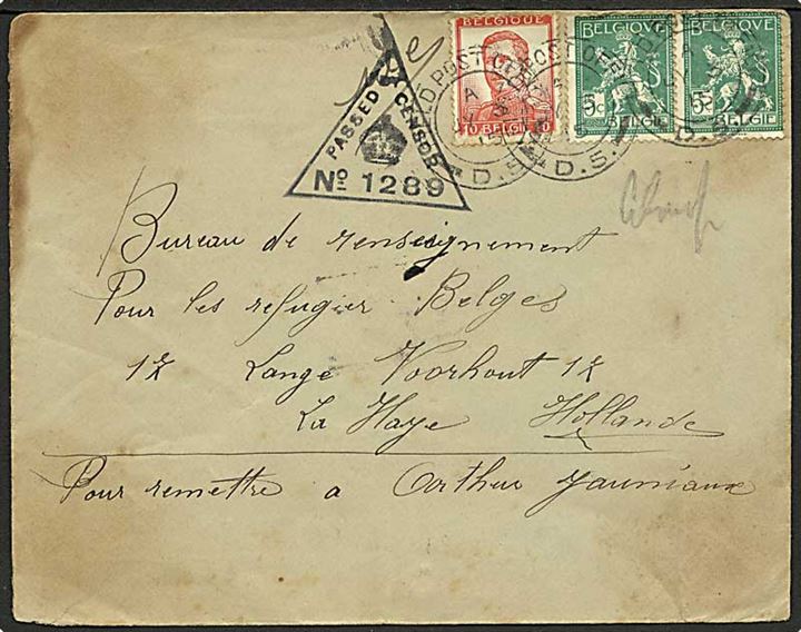 5 c. Løve (par) og 10 c. Albert på brev annulleret med britisk feltpoststempel Field Post Office D.5 d. 5.7.1915 (= 5th Div. Hq, Ypres, Belgien) til belgisk flygtningebureau i Haag, Holland. Britisk unit censur no. 1289. Mærker beskadiget.