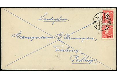 20 øre Chr. X i parstykke på søndagsbrev fra Aabenraa d. 9.2.1947 til grænsegendarm i Padborg.