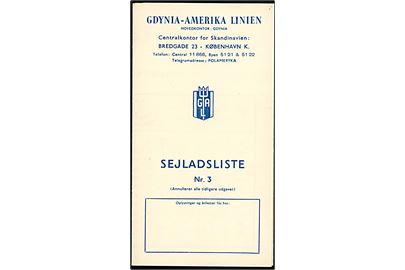 Gdynia-Amerika Linie. Lille dansksproget Sejladsliste Nr. 3 dateret d. 8.10.1948 med afgange for M/S Batory på ruten Gdynia-København-Southampton-New York.