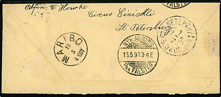 1 kop. og 3 kop. (3) Våben på 10 kop. frankeret brev fra Circus Ciniselli annulleret med nr.stempel XI. og på bagsiden sidestemplet S. Petersborg d. 1.5.1894 via Nykjøbing Falster til Maribo.