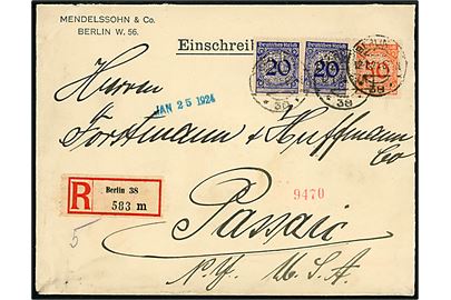 20 pfg. (par) og 50 pfg. Ciffer med perfin M på POKO-frankeret anbefalet brev fra firma Mendelsshon & Co. i Berlin d. 12.1.1924 til USA. 