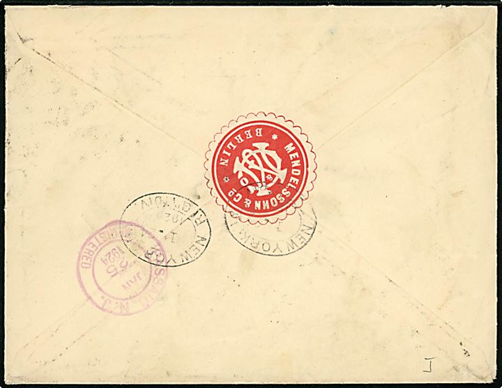 20 pfg. (par) og 50 pfg. Ciffer med perfin M på POKO-frankeret anbefalet brev fra firma Mendelsshon & Co. i Berlin d. 12.1.1924 til USA. 