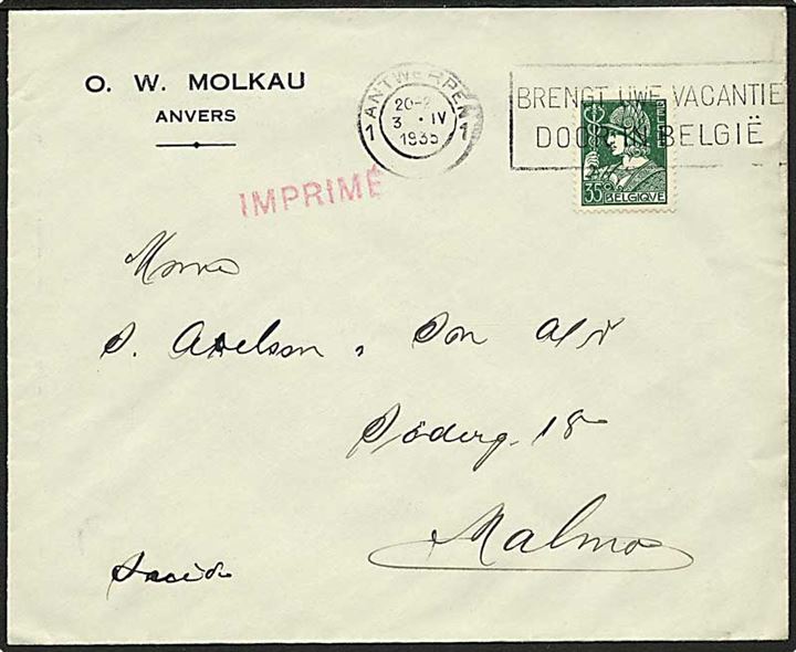 35 c. Merkur single på tryksag fra Antwerpen d. 3.4.1935 til Malmö, Sverige.