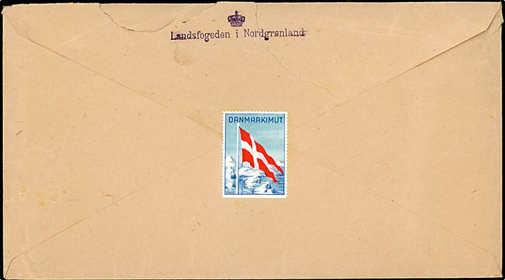 10 øre Chr. X i parstykke og Danmarkimut mærke på stor kuvert fra Godhavn d. 19.11.1947 til Hellerup. På bagsiden officielt stempel: (krone)/Landsfogeden i Nordgrønland.