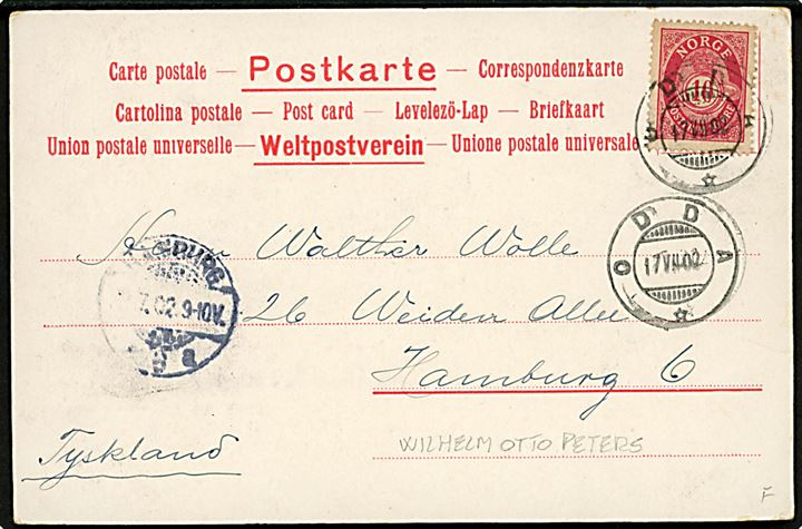 Wilhelm Otto Peters: Parti fra Raftsund N.J. Kristiania u/no. Med 10 øre posthorn annulleret ODDA d. 17.7.1902 til Tyskland. 