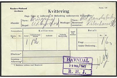 Randers-Hadsund Jernbane kvittering (form. 139) med rammestempel: Havndal R.H.J. d. 29.5.1945.
