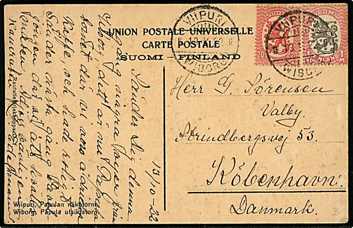 Wiborg, Papula udsigtstårn. Frankeret med 20 mk. og 1 mk. Løve fra Viipuri d. 13.10.1922 til København, Danmark.