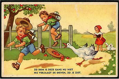 Hollandske spejdere bliver jagtet af gås. Trykt i Belgien, Coloprint no. 54312/2.