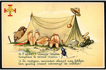 Hollandske spejdere på telttur. Trykt i Belgien, Coloprint no. 7880.