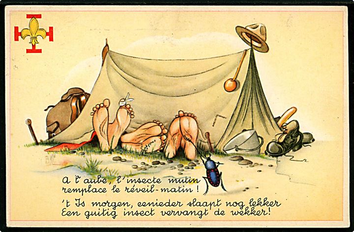 Hollandske spejdere på telttur. Trykt i Belgien, Coloprint no. 7880.