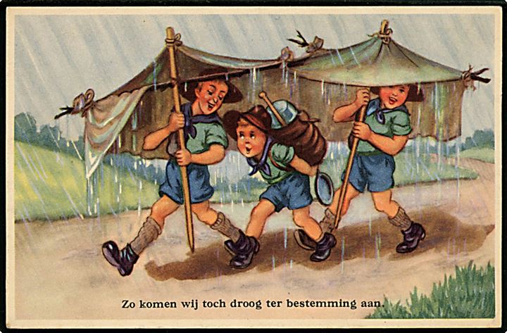 Hollandske spejdere på march i regnvejr. Trykt i Belgien, Coloprint no. 53679/5.