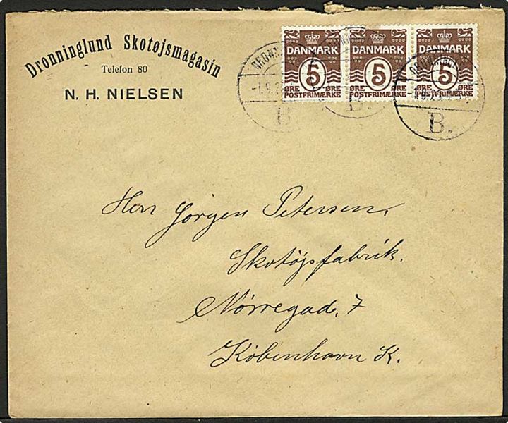 5 øre Bølgelinie i 3-stribe på brev annulleret med brotype Vb Dronninglund B. d. 1.9.1929 til København.