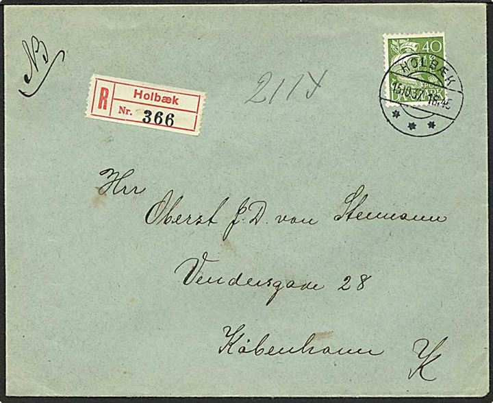 40 øre Karavel single på anbefalet brev fra Holbæk d. 15.10.1937 til København.