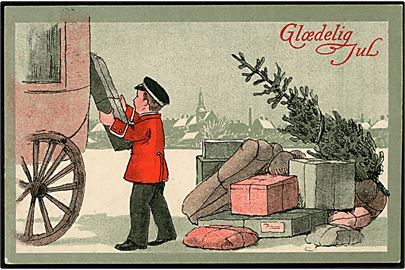 Postbud ved postvogn med julegaver og juletræ. Ukendt tegner. A. Vincent serie 64/4.