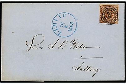 4 sk. 1858 udg. på brev annulleret med nr.stempel 38 og sidestemplet blå antiqua Lemvig d. 10.8.1862 til Aalborg.