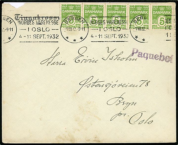 5 øre Bølgelinie (5) på brev fra Færøerne annulleret med norsk stempel i Bergen d. 1.8.1932 og sidestemplet Paquebot til Oslo. Urent åbnet.
