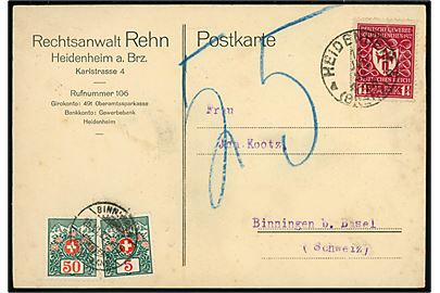 1,25 mk. på indenrigsfrankeret brevkort fra Heidenheim d. 14.6.1922 til Binningen b. Basel, Schweiz. Udtakseret i porto med 5 c. og 50 c. Portomærker stemplet i Binningen d. 15.6.1922. 