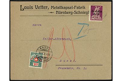 Bayern 20 pfg. Deutsches Reich Provisorium single på underfrankeret brev fra Nürnberg til Basel, Schweiz. Udtakseret i porto med 20 c. Portomærke stemplet Basel d. 15.4.1920.