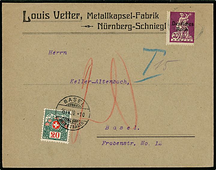 Bayern 20 pfg. Deutsches Reich Provisorium single på underfrankeret brev fra Nürnberg til Basel, Schweiz. Udtakseret i porto med 20 c. Portomærke stemplet Basel d. 15.4.1920.