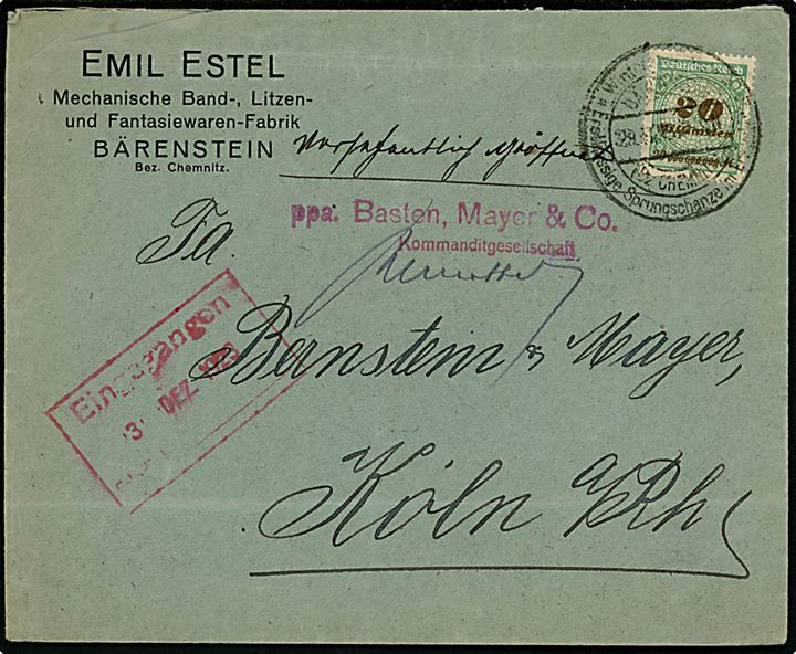 20 mia. mk. Infla udg. single på Vierfach frankeret brev fra Bärenstein d. 29.11.1923 til Köln. Korrekt porto (26.-30.11.1923) = 80.000.000.000 mk. Bagklap mgl.