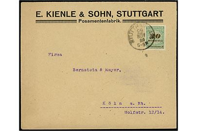 20 mia. mk. Infla udg. single på Vierfach frankeret brev fra Stuttgart d. 29.11.1923 til Köln. Korrekt porto (26.-30.11.1923) = 80.000.000.000 mk.