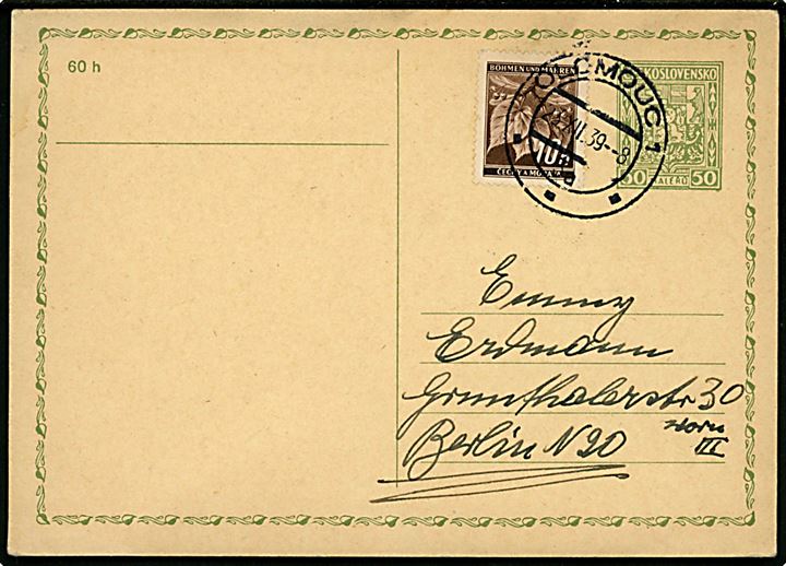 Tjekkisk 50 h. helsagsbrevkort opfrankeret med 10 h. Böhmen-Mähren udg. stemplet Olomouc d. 23.12.1939 til Berlin, Tyskland.