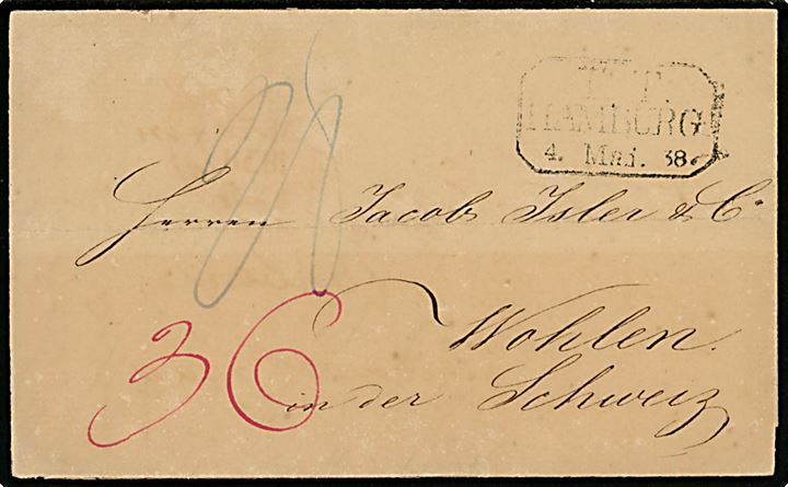 1838. Portobrev med rammestempel T. T. Hamburg d. 4.5.1838 til Wohlen, Schweiz. Flere portopåtegninger. 