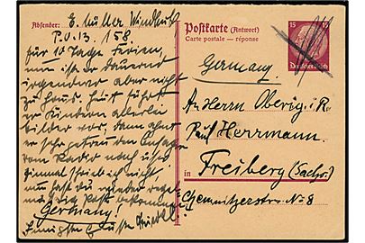 Tysk 15 pfg. Hindenburg svardel af dobbelt helsagsbrevkort dateret i Windhuk d. 30.9.1935 og annulleret med kryds til Freiberg, Tyskland.