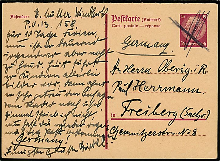Tysk 15 pfg. Hindenburg svardel af dobbelt helsagsbrevkort dateret i Windhuk d. 30.9.1935 og annulleret med kryds til Freiberg, Tyskland.