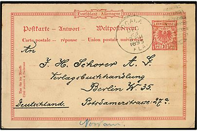 10 pfg. Adler svardel af dobbelt helsagsbrevkort annulleret med amerikansk stempel i Ocala, Florida d. 23.12.1895 til Berlin, Tyskland.