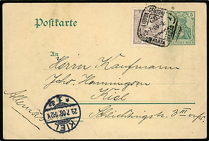 Tysk 5 pfg. Germania helsagsbrevkort opfrankeret med portugisisk 20 reis og sendt fra Lissabon d. 25.7.1906 til Kiel, Tyskland. 
