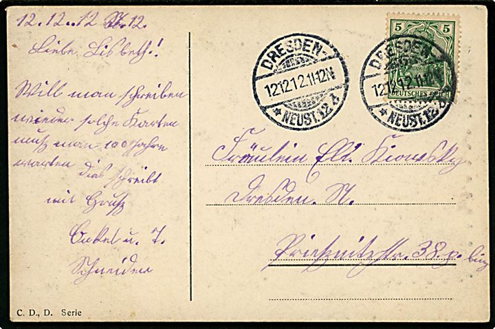 5 pfg. Germania på særligt 12.12.12 brevkort annulleret i Dresden d. 12.12.1912 kl. 11-12 eftermiddag.