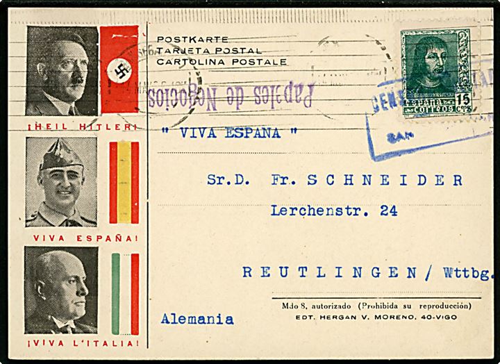 15 cts. på illustreret propaganda brevkort med Hitler, Mussolini og Franco fra San Sebastian d. 14.5.1938 til Reutlingen, Tyskland. Blåt censurstempel fra San Sebastian. Uden meddelelse på bagsiden.