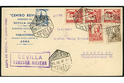 5 cts. Rytter, 30 cts. Isabel (4) og 5 cts. Pro Sevilla (defekt) på luftpostbrev fra Sevilla d. 26.7.1937 til Chemnitz, Tyskland. Lokal spansk censur i Sevilla.