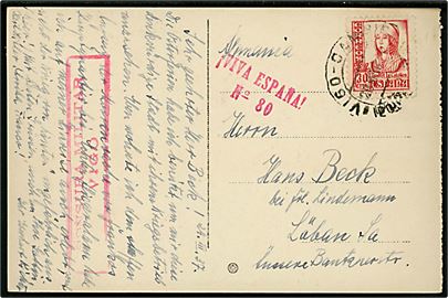 30 cts. Isabel på brevkort stemplet Vigo d. 26.3.1937 til Löbau, Tyskland. Lokal spansk censur i Vigo. 