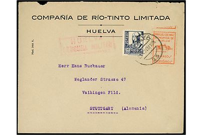 50 cts. Isabel og 5 cts. Huelva velgørenheds udg. på brev fra Huelva d. 27.11.1937 til Stuttgart, Tyskland. Lokal spansk censur fra Huelva. Bagklap mgl.