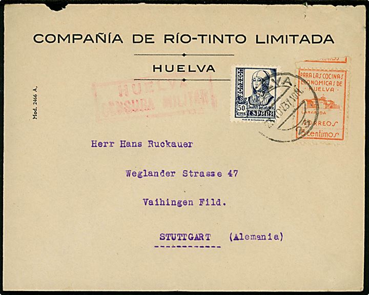 50 cts. Isabel og 5 cts. Huelva velgørenheds udg. på brev fra Huelva d. 27.11.1937 til Stuttgart, Tyskland. Lokal spansk censur fra Huelva. Bagklap mgl.