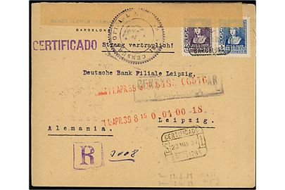 40 cts. og 1 pta. Isabel på anbefalet brev fra Barcelona d. 29.3.1939 til Leipzig, Tyskland. Åbnet af spansk censur i Barcelona.
