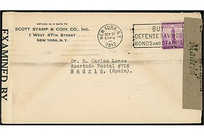 5 cents Defense single på brev fra New York d. 21.9.1942 til Madrid, Spanien. Åbnet af amerikansk censur no. 7125 og spansk censur i Madrid.