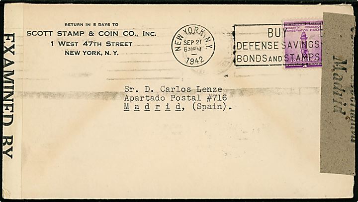 5 cents Defense single på brev fra New York d. 21.9.1942 til Madrid, Spanien. Åbnet af amerikansk censur no. 7125 og spansk censur i Madrid.