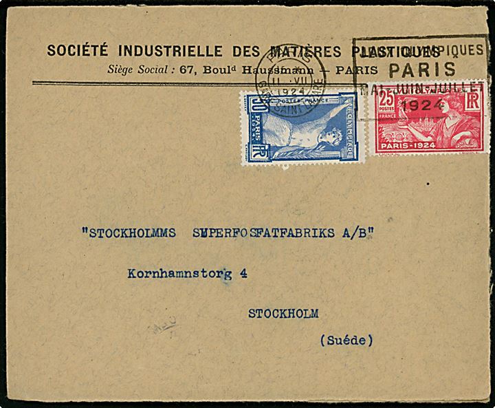 25 c. og 50 c. Olympiade udg. på brev annulleret med fransk Olympiade TMS i Paris d. 11.7.1924 til Stockholm, Sverige.