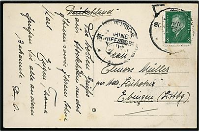 8 pfg. Eber på brevkort (Stockholm, Sverige) og annulleret med udslebet marinepost stempel Deutsche Marine-Schiffspost No. 92 (= Linienschiff  Hessen) ca. 1929 til Ebingen, Tyskland. Sendt under flådebesøg i Sverige.